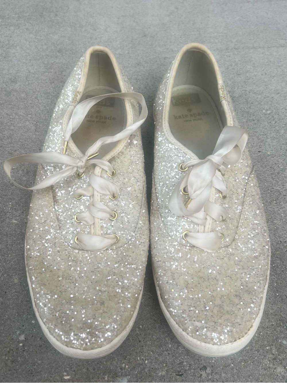Kate Spade x Keds Sparkle Ribbon Lace-Up Women’s Sneakers in Champagne